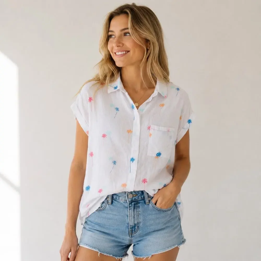 Rails Linen blend short sleeve top White with neon  palm tree pattern. Women S